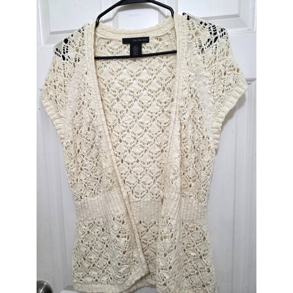 Calvin Klein Jeans Women's Crochet Knit Cardigan Sweater L/G Short Sleeve Cream - Picture 6 of 6